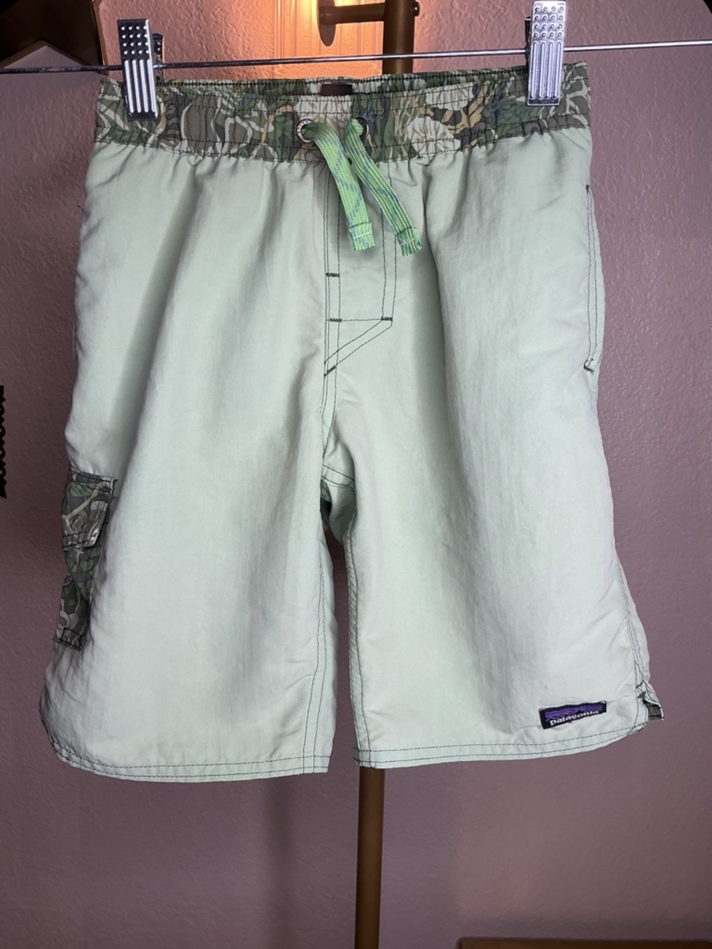 Patagonia Light Green Boys Cargo Swim Shorts with Camo Waistband